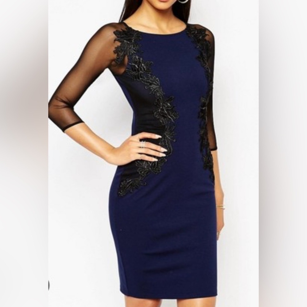 Lipsy Elegant Blue Dress with Black Sheer Sleeves Sz 2